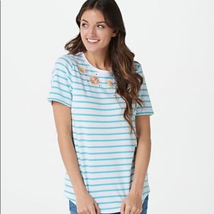 Quacker Factory striped shirt sleeve tee with citrus embroidery & rhinestones